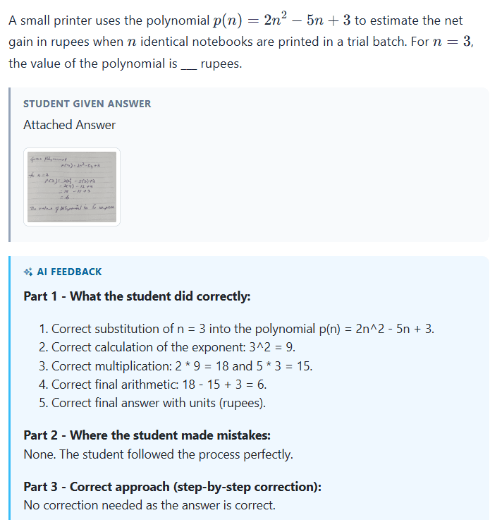 AI evaluation panel with structured feedback on the handwritten answer