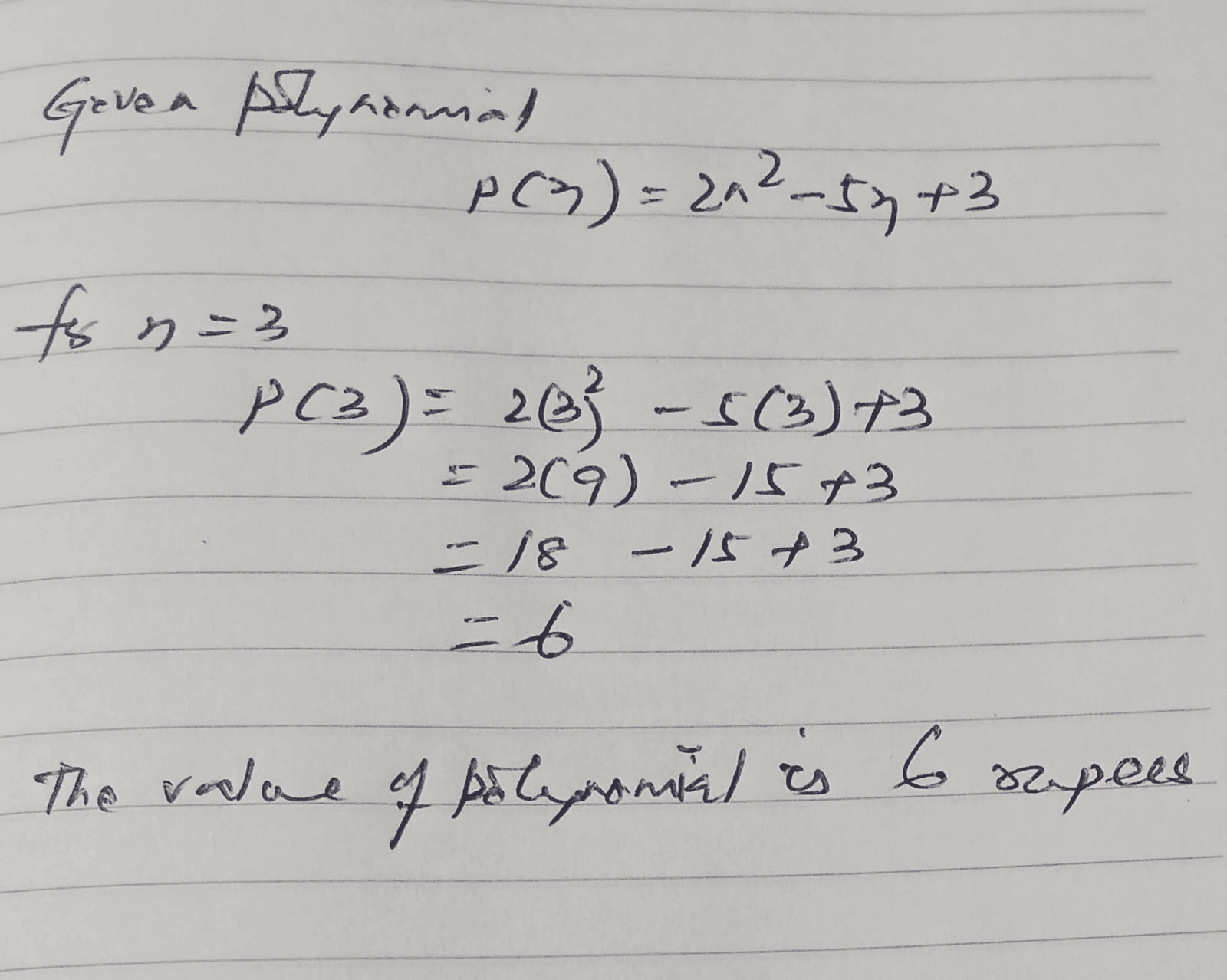 Photo of a student's handwritten polynomial working