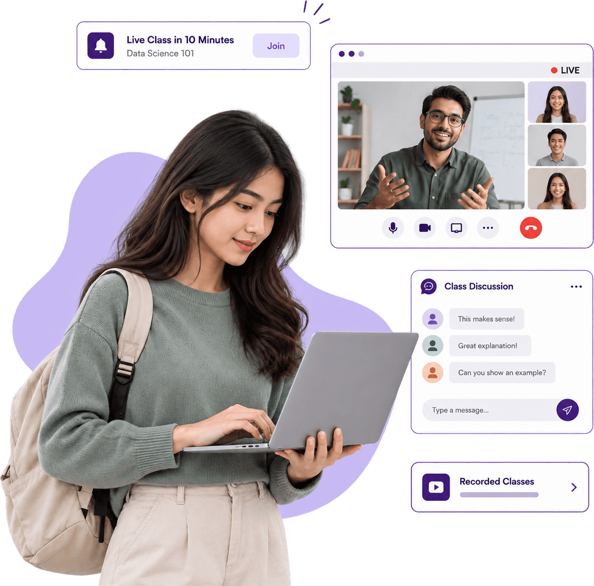 Student joining a live video class with real-time chat and notifications